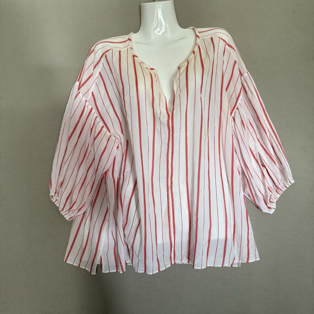 Country Road Organic Cotton Top Tunic Blouse Size 14 Striped White Orange Womens